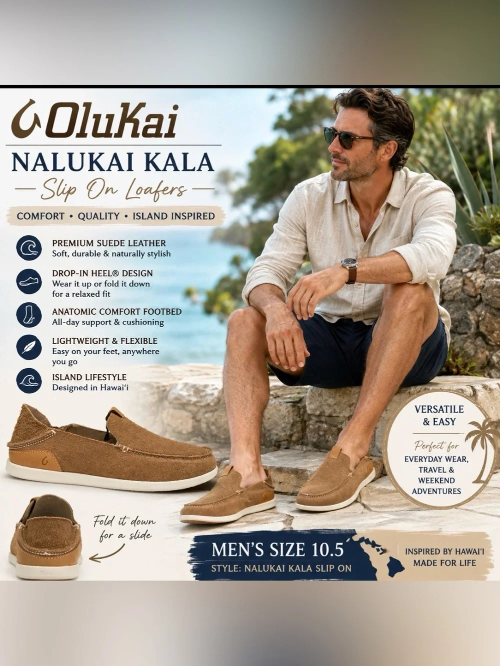 OluKai Nalukai Kala Men's 10.5 Tan Suede Leather Slip On Loafers Drop-In Heel
